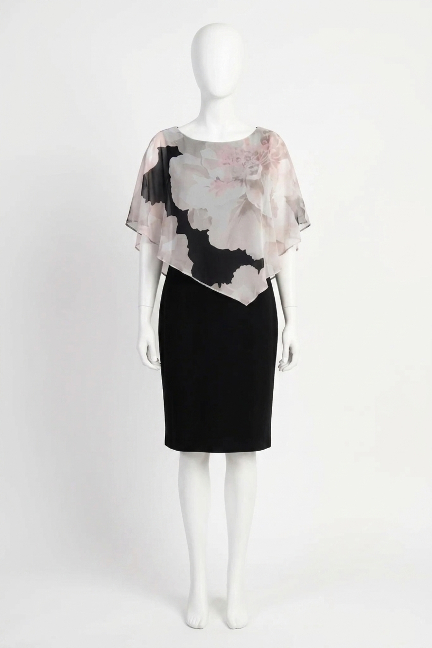 NEW FRANK LYMAN asymmetric floral chiffon overlay dress in black/beige